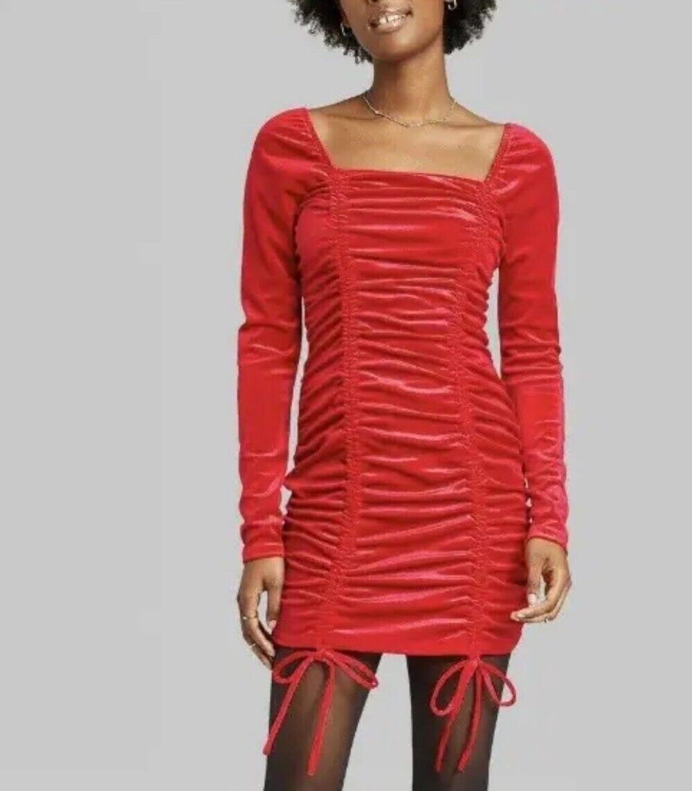 Wild Fable Velvet Ruched Bodycon Mini Dress Long Sleeve Red Women M